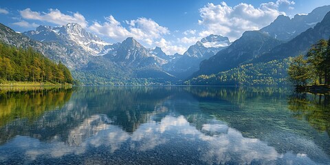 Naklejka premium Stunning mountain lake featuring crystal-clear water reflecting surrounding peaks and blue sky