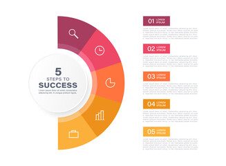 Semicircle infographic design template with 5 parts and icons