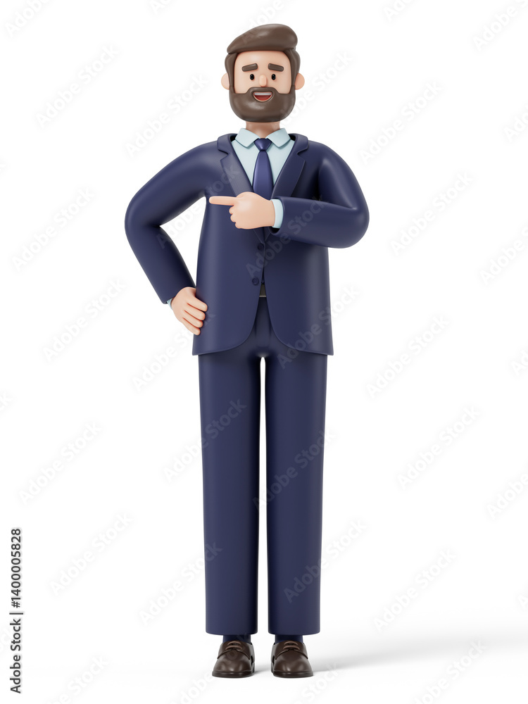 Poster a man points to the side, symbolizing guidance or attention. 3d rendering, conceptual image. isolate