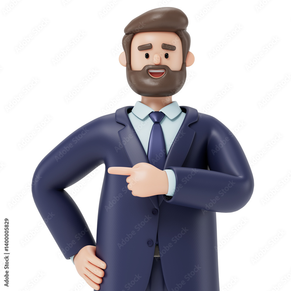 Poster a man points to the side, symbolizing guidance or attention. 3d rendering, conceptual image. isolate