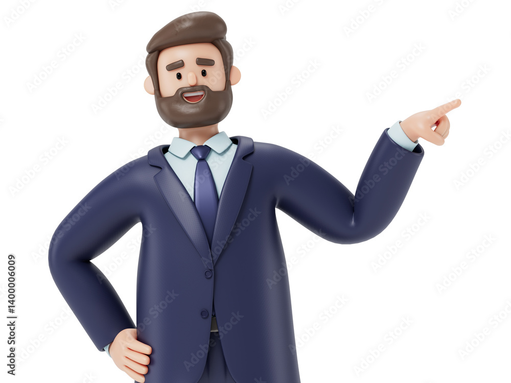 Poster a man points to the side, symbolizing guidance or attention. 3d rendering, conceptual image. isolate