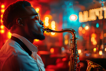 African male musician playing saxophone in vibrant jazz club setting