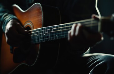 Fototapeta premium Melodic Touch: A close-up shot of hands expertly playing an acoustic guitar, bathed in soft light, with an alluring artistic atmosphere. 