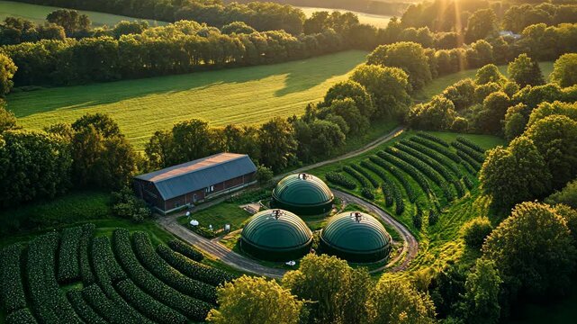 Scenic aerial view of a modern farm featuring biogas plant, barn, and green fields at sunset, conveying sustainable agriculture