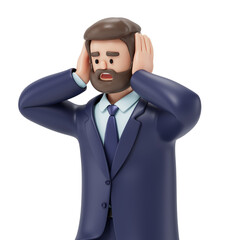 A man with hands on head, symbolizing stress or exasperation. 3D rendering, conceptual image. Isolated on white background.