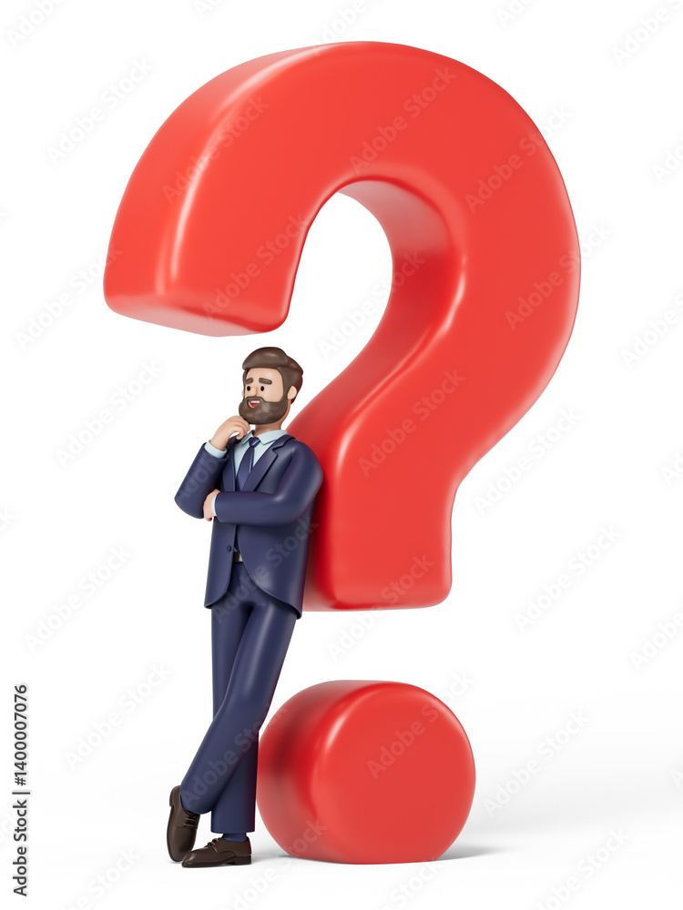 Poster a man contemplates next to a large question mark, symbolizing confusion or contemplation. 3d renderi