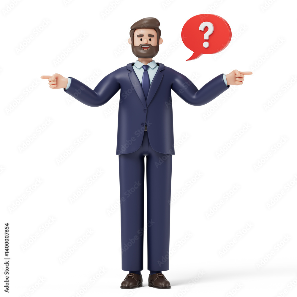 Poster a man shrugs with a question mark above his head, symbolizing uncertainty or confusion. 3d rendering