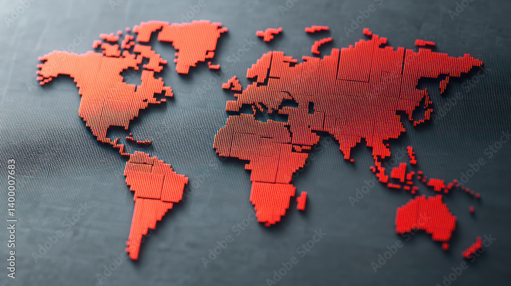 Poster digital world map in red pixelated design on dark background, representing global connectivity and t