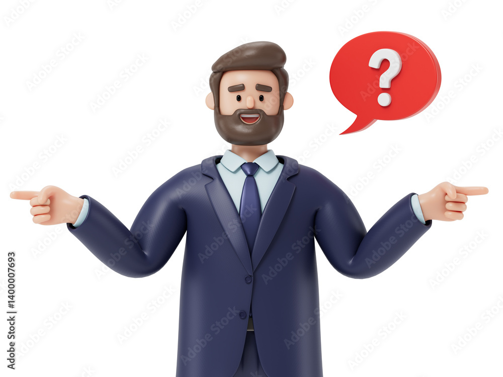 Poster a man shrugs with a question mark above his head, symbolizing uncertainty or confusion. 3d rendering