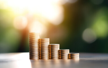 Stacks of coins representing financial growth and profit margins in blurred background. warm light creates hopeful for investment and savings