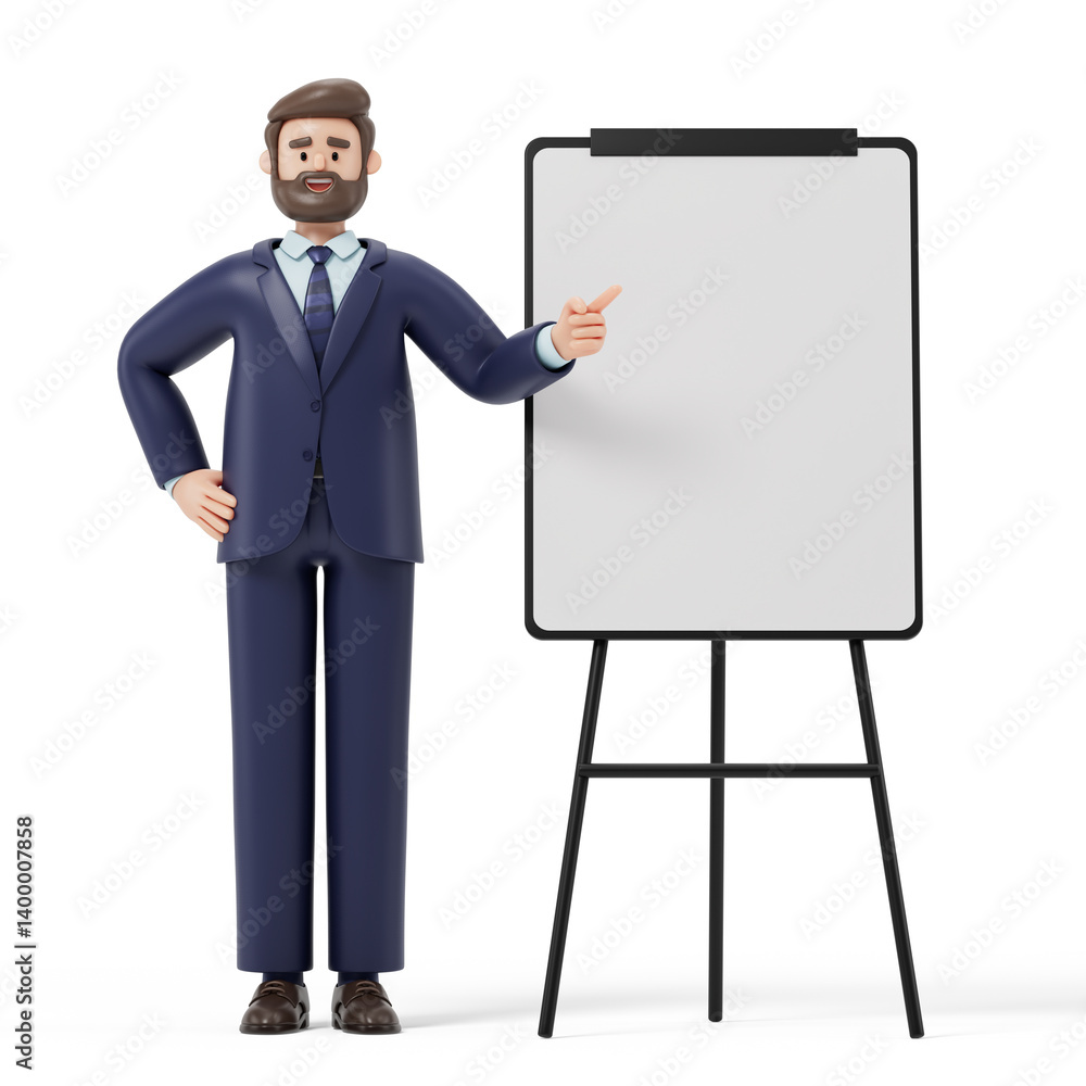 Poster a man points to a blank whiteboard, symbolizing explanation or presentation. 3d rendering, conceptua
