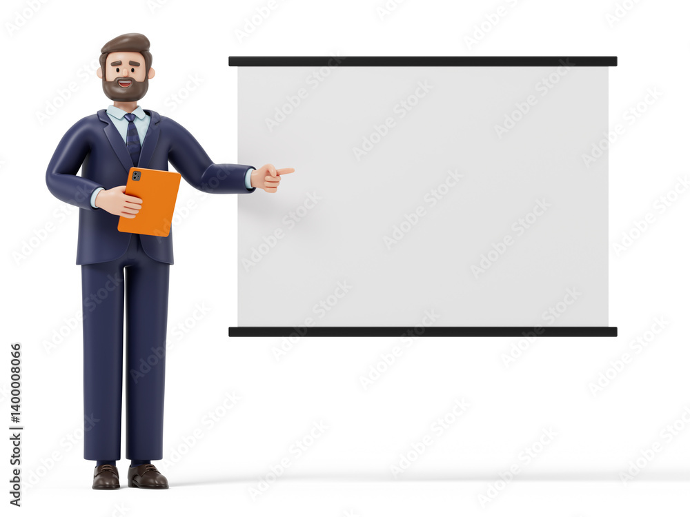 Poster a man holds a tablet, pointing to a blank screen, symbolizing presentation or explanation. 3d render