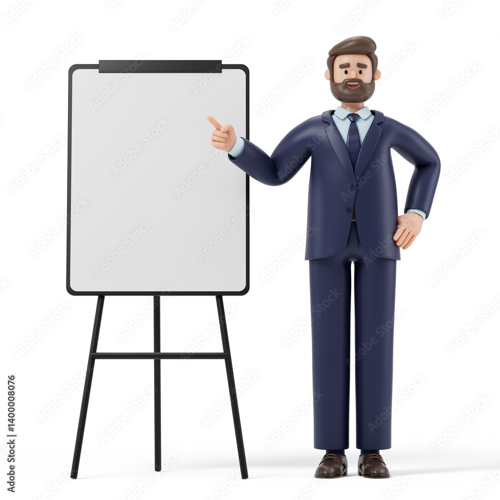 Poster a man points to a blank whiteboard, symbolizing explanation or presentation. 3d rendering, conceptua