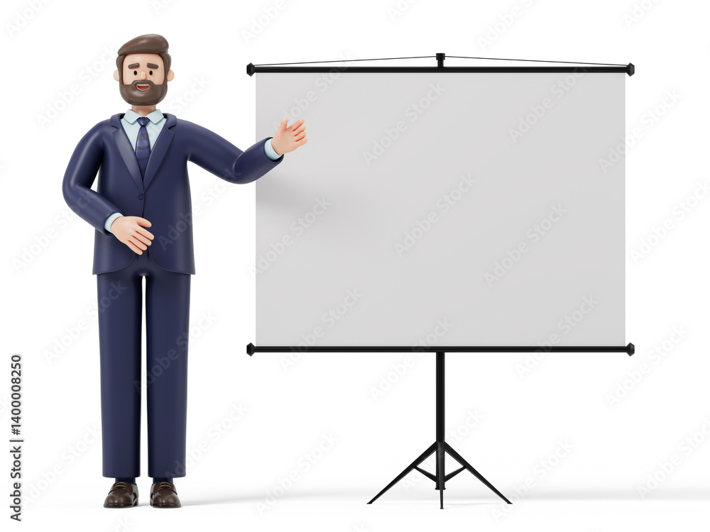 Poster a man gestures towards a blank flip chart, symbolizing preparation for a presentation or lecture. 3d