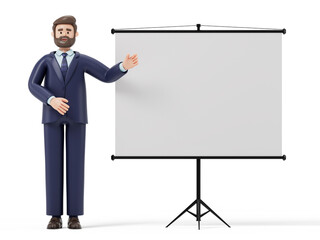 A man gestures towards a blank flip chart, symbolizing preparation for a presentation or lecture. 3D rendering, conceptual image. Isolated on white background.