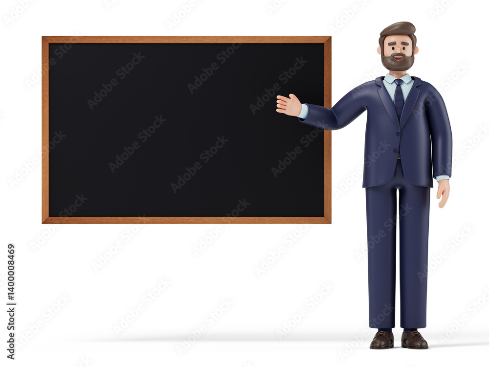 Poster a man points to a blank chalkboard, symbolizing teaching or presenting information. 3d rendering, co