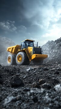 Mining loader operating at dusty quarry site, raw earthmoving action, 3D illustration