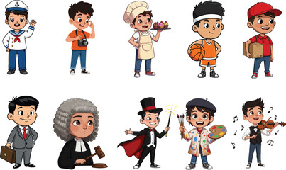 Cartoon Character Portraying Professions and Hobbies, Including Sailor, Photographer, Baker, Basketball Player, and Others