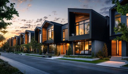 Modern townhomes line a quiet street at dusk.  Spacious, contemporary homes with sleek designs