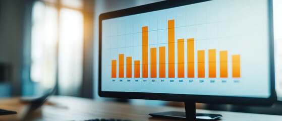 digital display shows revenue growth charts with orange bars representing data over several years. modern workspace features blurred background, enhancing focus on screen
