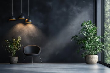stock photo features a minimalist studio setting with a black gradient backdrop- creating a versatile space for product displays or presentations with a focus on abstract lighting and a blank room aes