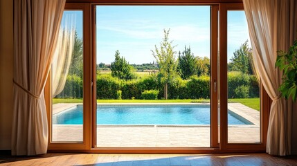 Large curtain with thermal lining installed on glass patio door for temperature control
