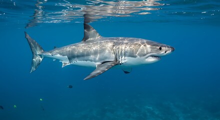 Fototapeta premium Ocean's Majesty: Great White Shark Underwater Encounter AI Generated