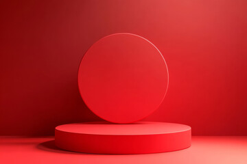 red background with empty podium and circular platform creates bold and striking display for product showcasing. minimalist design emphasizes vibrant color