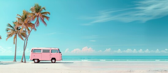Aesthetic Pink Van parked near Palm Trees on Tropical Shoreline, radiating Retro Summer Vibes for Stock Photography and Creative Projects.