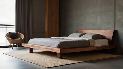 A minimalist Japanese-style platform bed with a low wooden frame and ambient lighting underneath