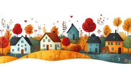 Colorful autumn landscape featuring charming houses surrounded by vibrant trees and foliage