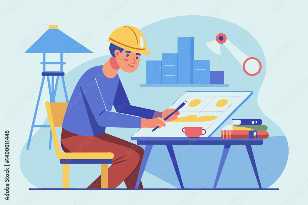 Poster flat design vector of architect reviewing blueprints on a drafting table with measuring tools