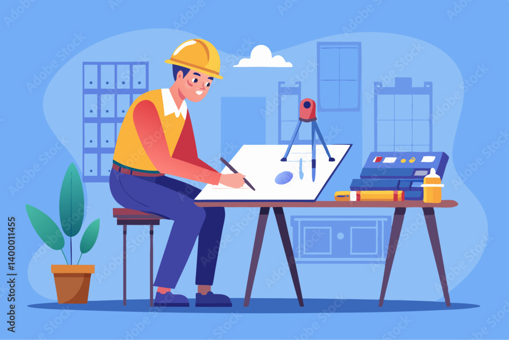 Poster flat design vector of architect reviewing blueprints on a drafting table with measuring tools