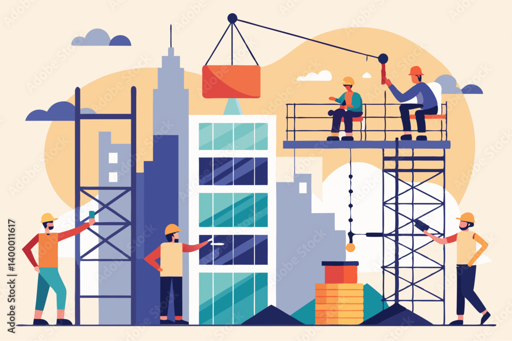 Poster minimalist vector of construction team working on a high-rise building with cranes and scaffolding