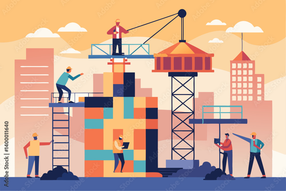 Poster minimalist vector of construction team working on a high-rise building with cranes and scaffolding