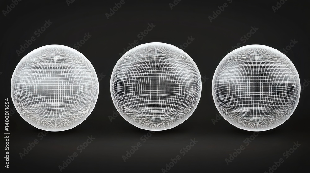 Poster three abstract spheres with a grid pattern against a dark background.