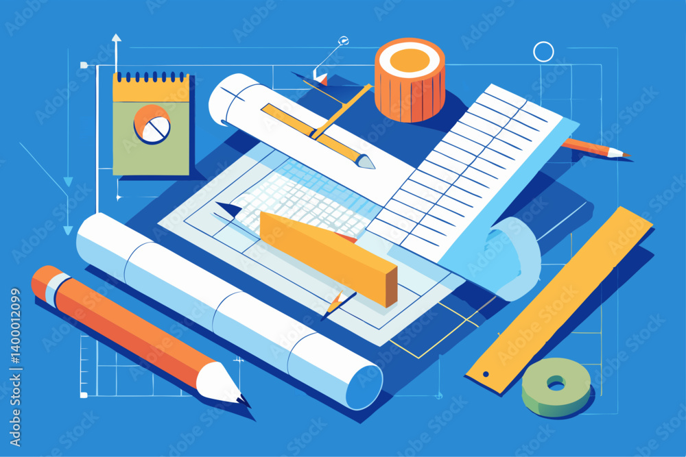 Fototapete flat design vector of architect reviewing blueprints on a drafting table with measuring tools