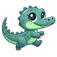 Charming cartoon illustration of a small, bright green crocodile with big, friendly eyes and a playful expression. Represents cute animals, wildlife, and children's themes.