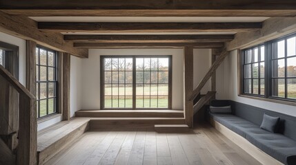 Renovated entryway with preserved wooden beams and updated minimalist steps