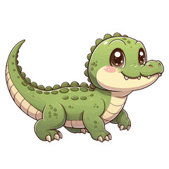 Naklejka premium Charming cartoon illustration of a small, bright green crocodile with big, friendly eyes and a playful expression. Represents cute animals, wildlife, and children's themes.