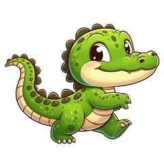 Fototapeta premium Charming cartoon illustration of a small, bright green crocodile with big, friendly eyes and a playful expression. Represents cute animals, wildlife, and children's themes.