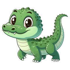 Fototapeta premium Charming cartoon illustration of a small, bright green crocodile with big, friendly eyes and a playful expression. Represents cute animals, wildlife, and children's themes.