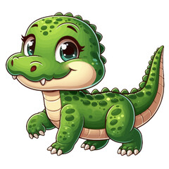 Fototapeta premium Charming cartoon illustration of a small, bright green crocodile with big, friendly eyes and a playful expression. Represents cute animals, wildlife, and children's themes.