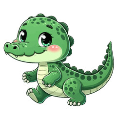 Fototapeta premium Charming cartoon illustration of a small, bright green crocodile with big, friendly eyes and a playful expression. Represents cute animals, wildlife, and children's themes.