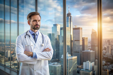 Fototapeta premium Doctor in white coat with city skyline through glass behind them