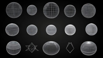Collection of  3d wireframe spheres and shapes