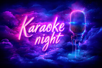 Glowing karaoke night neon text next to a microphone amidst vibrant pink and purple clouds.