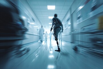 A blurred humanoid robot with a prosthetic leg rushes down a sterile hospital corridor.
