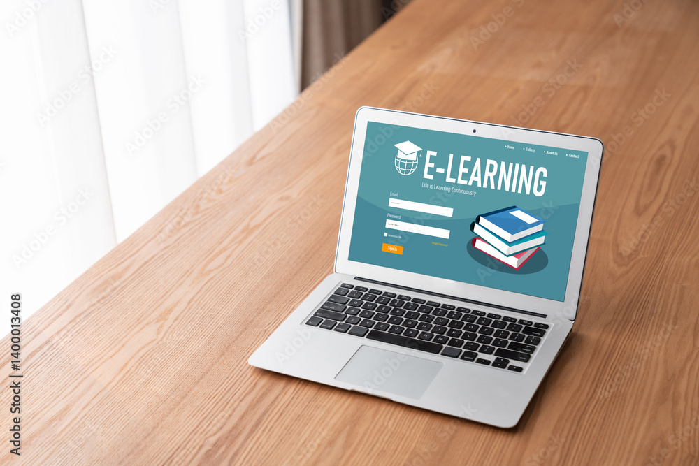 Poster e-learning website with modish sofware for student to study online on the internet network