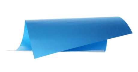 Blue paper flying, sheet falls and twists isolated on white, clipping path